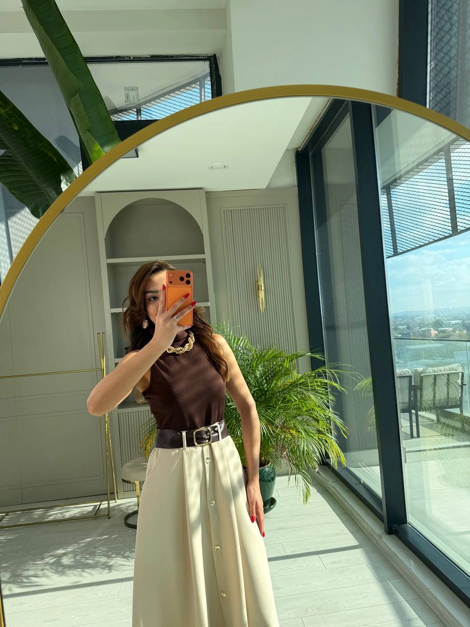 Kahverengi%20Bej%20Zara%20Model%20Kemerli%20Elbise