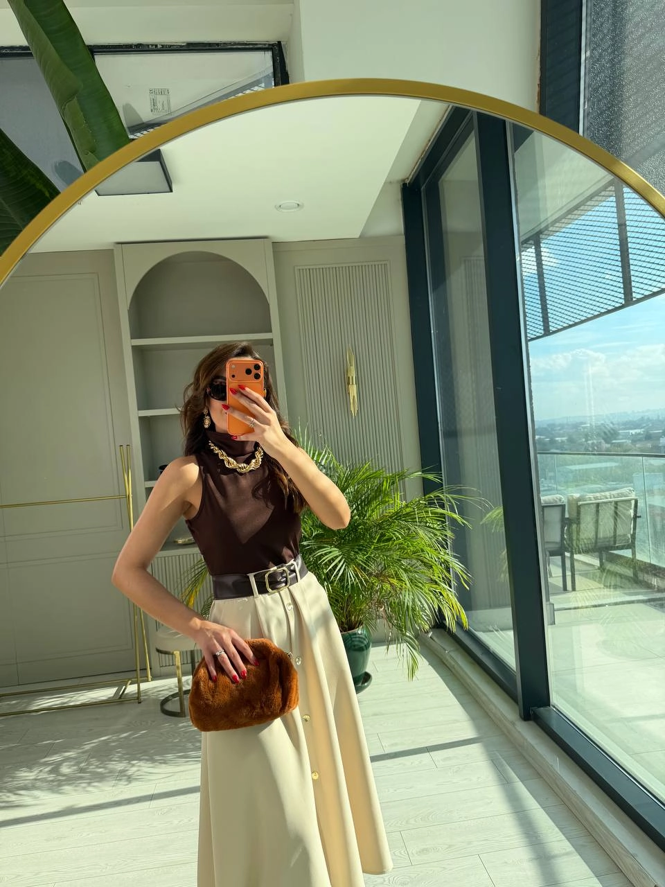 Kahverengi%20Bej%20Zara%20Model%20Kemerli%20Elbise