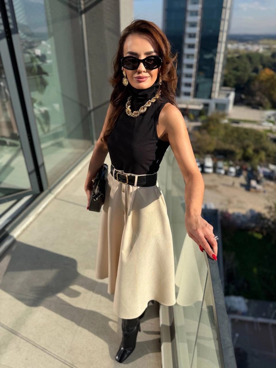 Siyah%20Bej%20Zara%20Model%20Kemerli%20Elbise