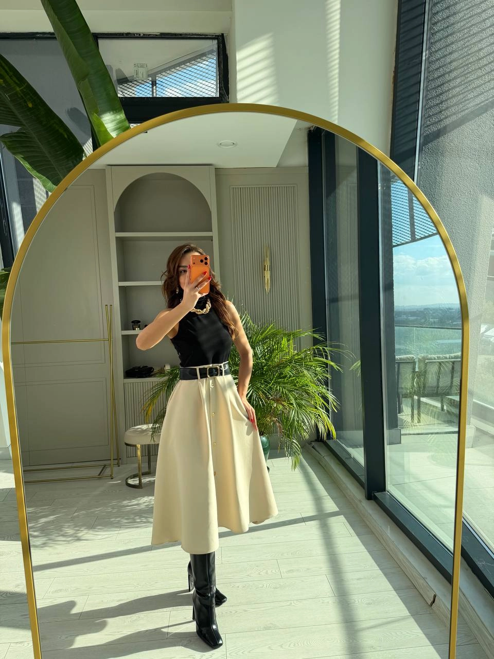 Siyah%20Bej%20Zara%20Model%20Kemerli%20Elbise