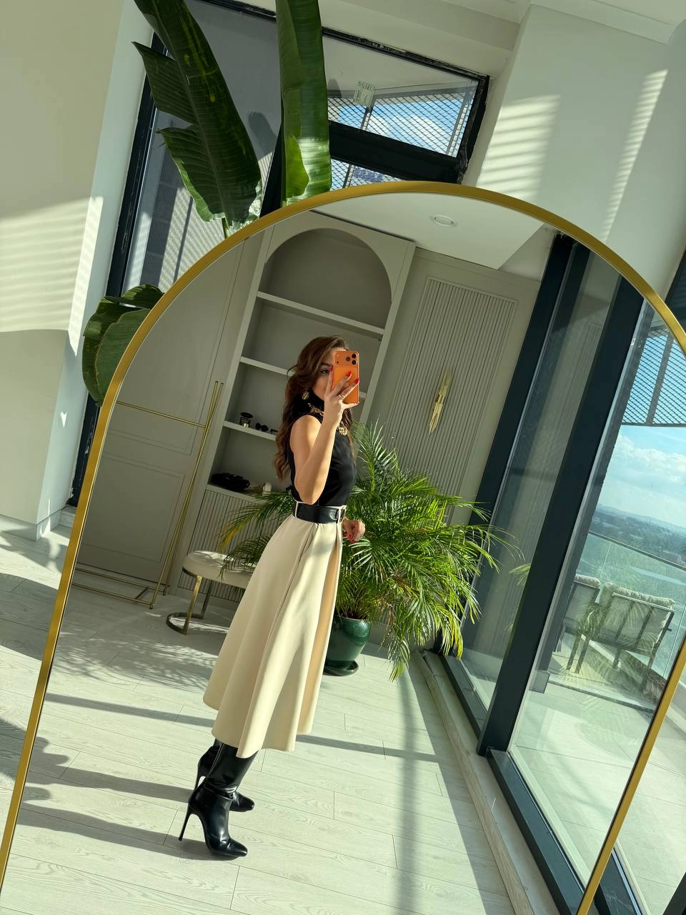 Siyah%20Bej%20Zara%20Model%20Kemerli%20Elbise