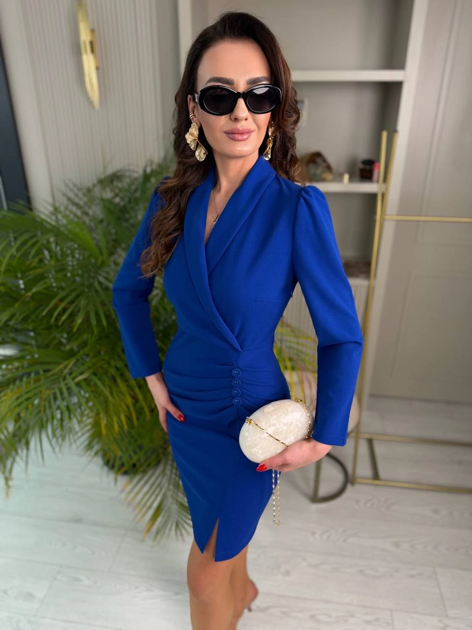 Saks%20Mavi%20Düğme%20Detay%20Likralı%20Krep%20Kumaş%20Elbise