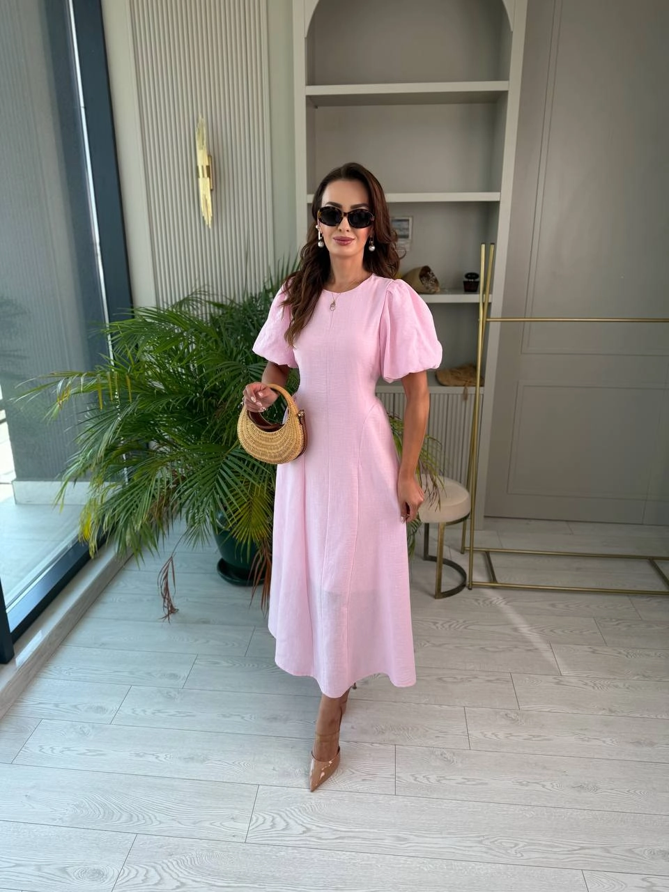 Pembe%20Astarlı%20Bel%20Bağlamalı%20Keten%20Elbise