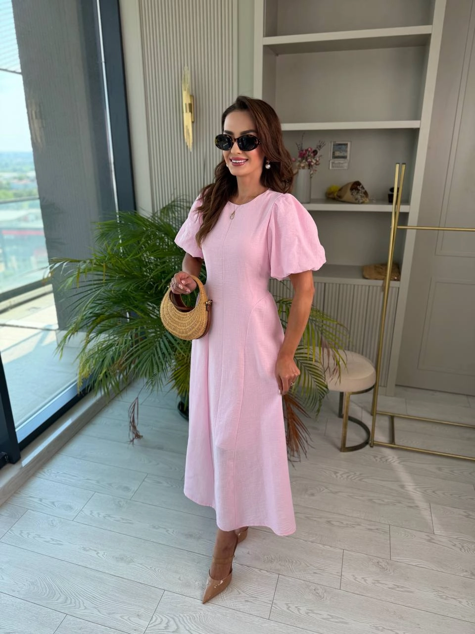 Pembe%20Astarlı%20Bel%20Bağlamalı%20Keten%20Elbise