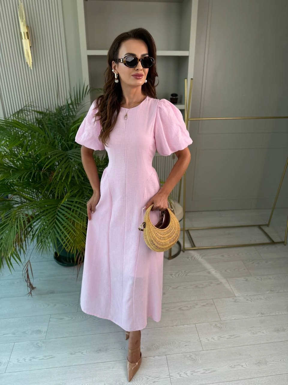 Pembe%20Astarlı%20Bel%20Bağlamalı%20Keten%20Elbise
