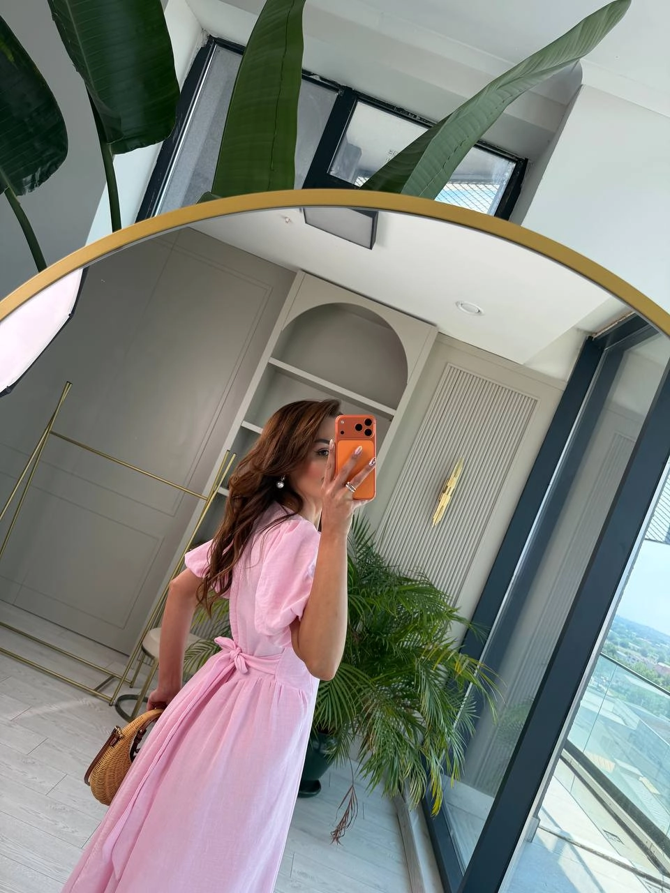 Pembe%20Astarlı%20Bel%20Bağlamalı%20Keten%20Elbise