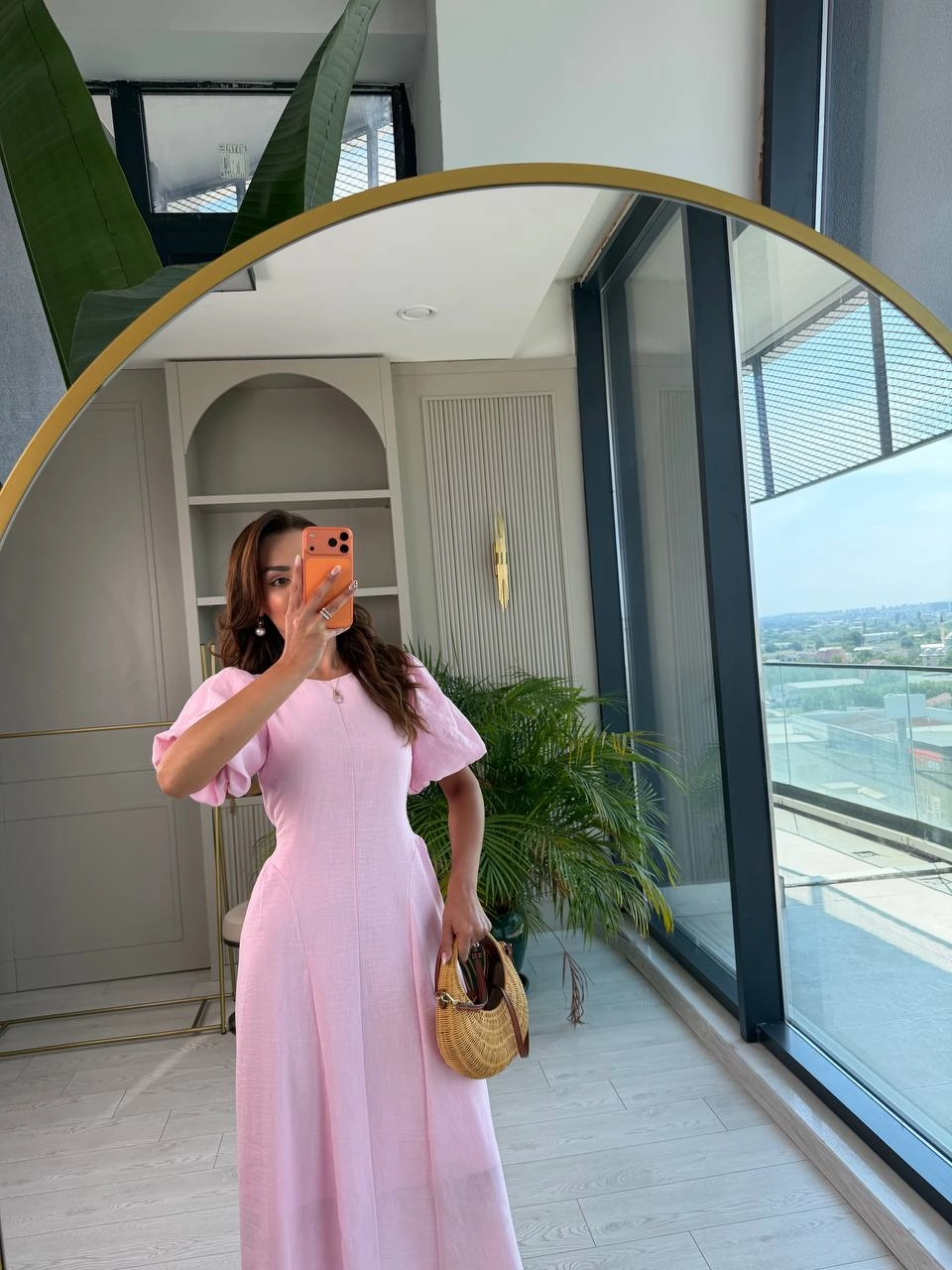 Pembe%20Astarlı%20Bel%20Bağlamalı%20Keten%20Elbise