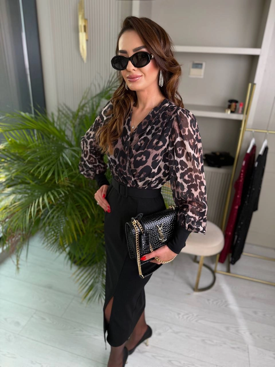 Leopar%20Desenli%20Üst%20Kısmı%20Şifon%20Kemerli%20Elbise
