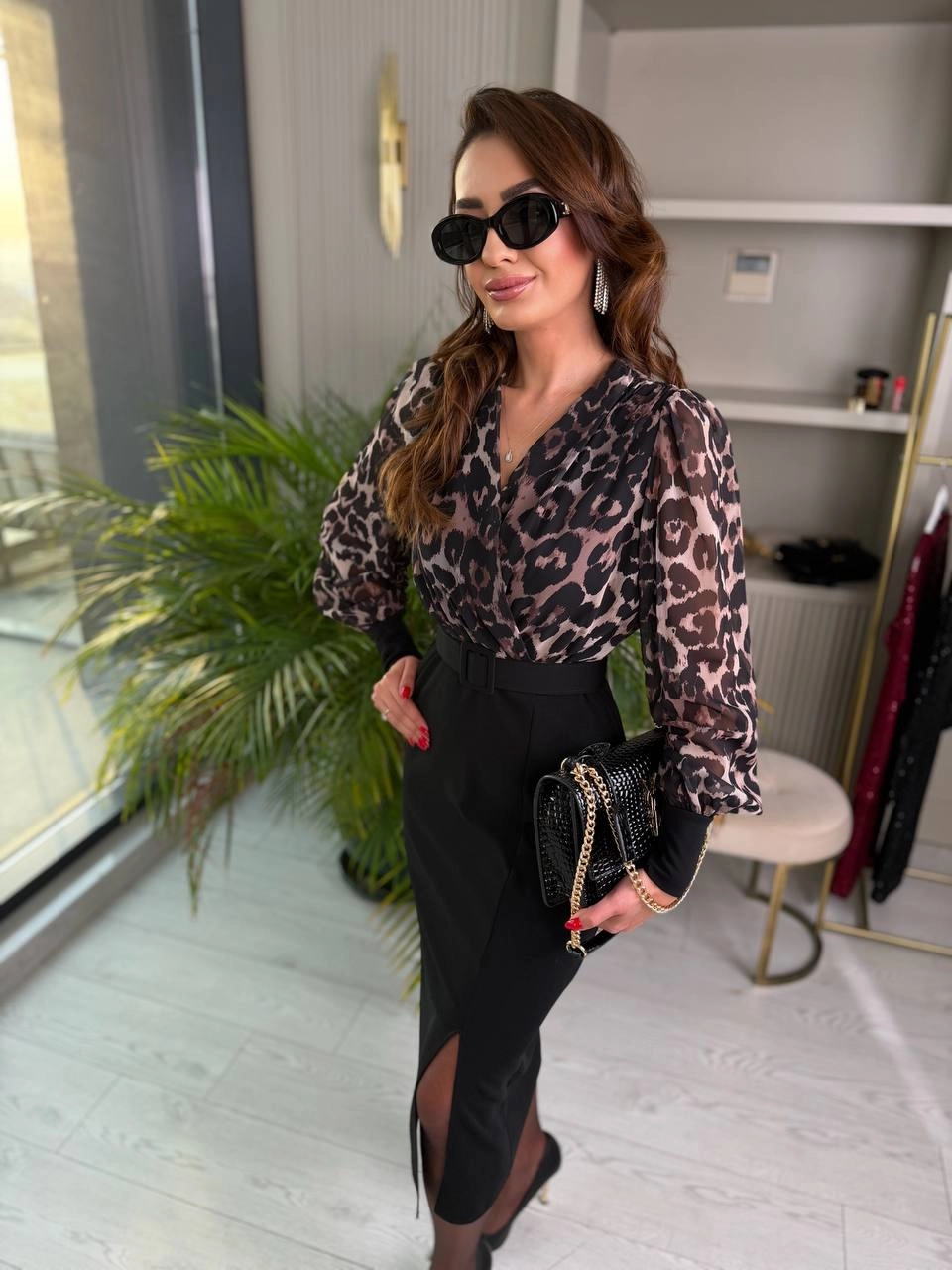 Leopar%20Desenli%20Üst%20Kısmı%20Şifon%20Kemerli%20Elbise