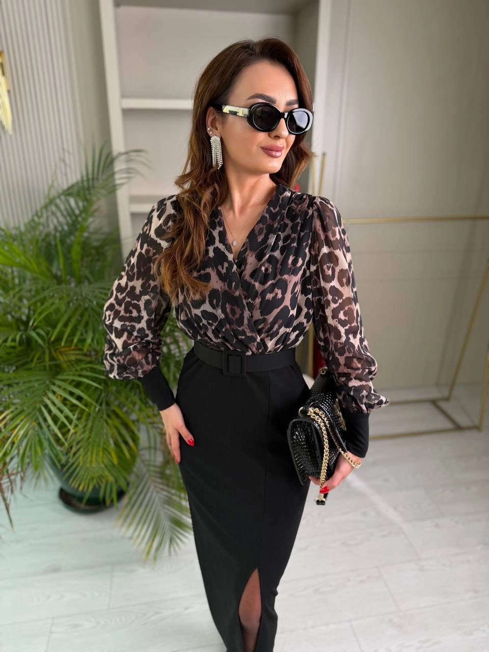 Leopar%20Desenli%20Üst%20Kısmı%20Şifon%20Kemerli%20Elbise