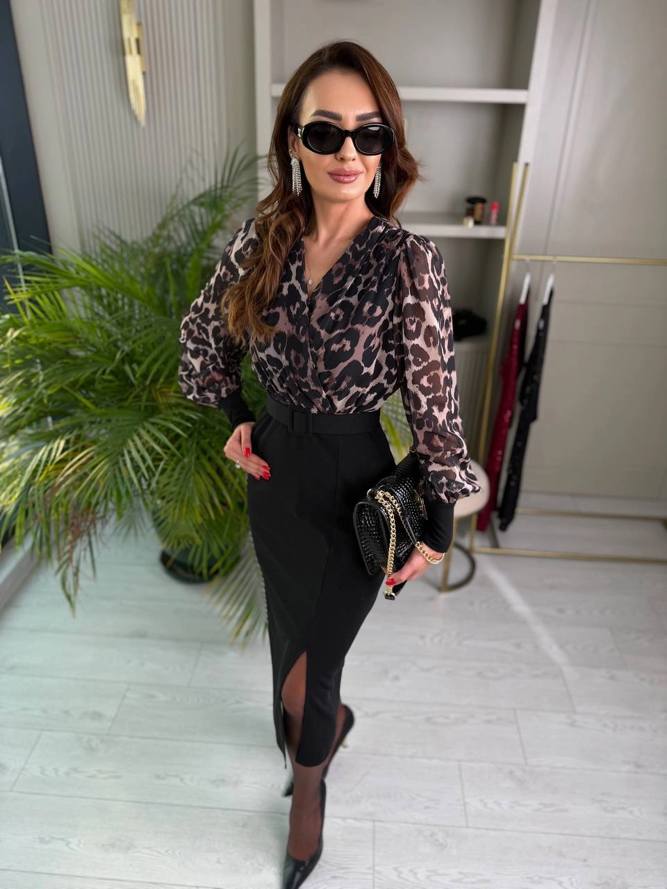 Leopar%20Desenli%20Üst%20Kısmı%20Şifon%20Kemerli%20Elbise