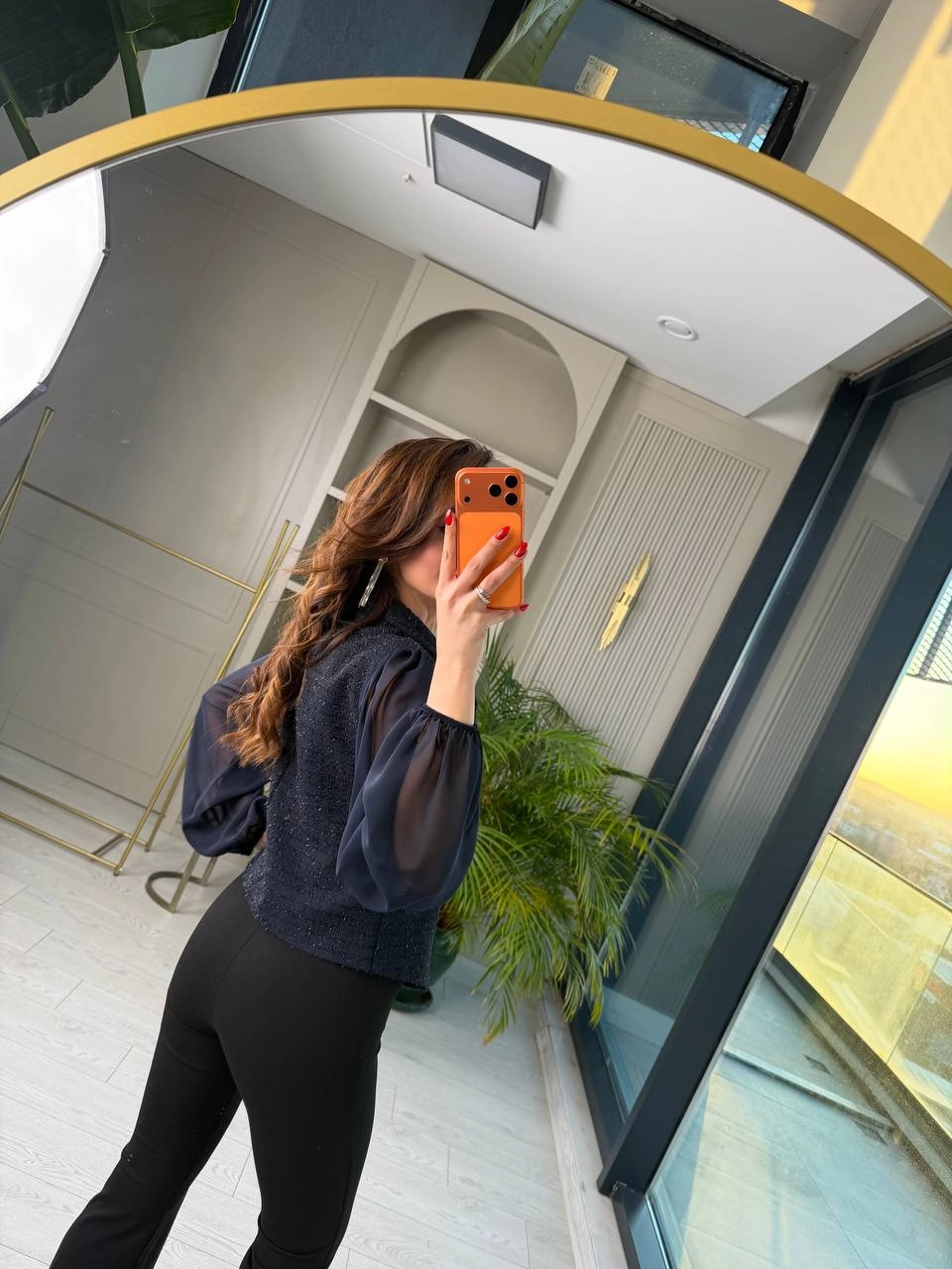 Lacivert%20Lüks%20Tuvid%20kumaş%20Kolları%20Şifon%20Düğmeli%20Gömlek%20Bluz