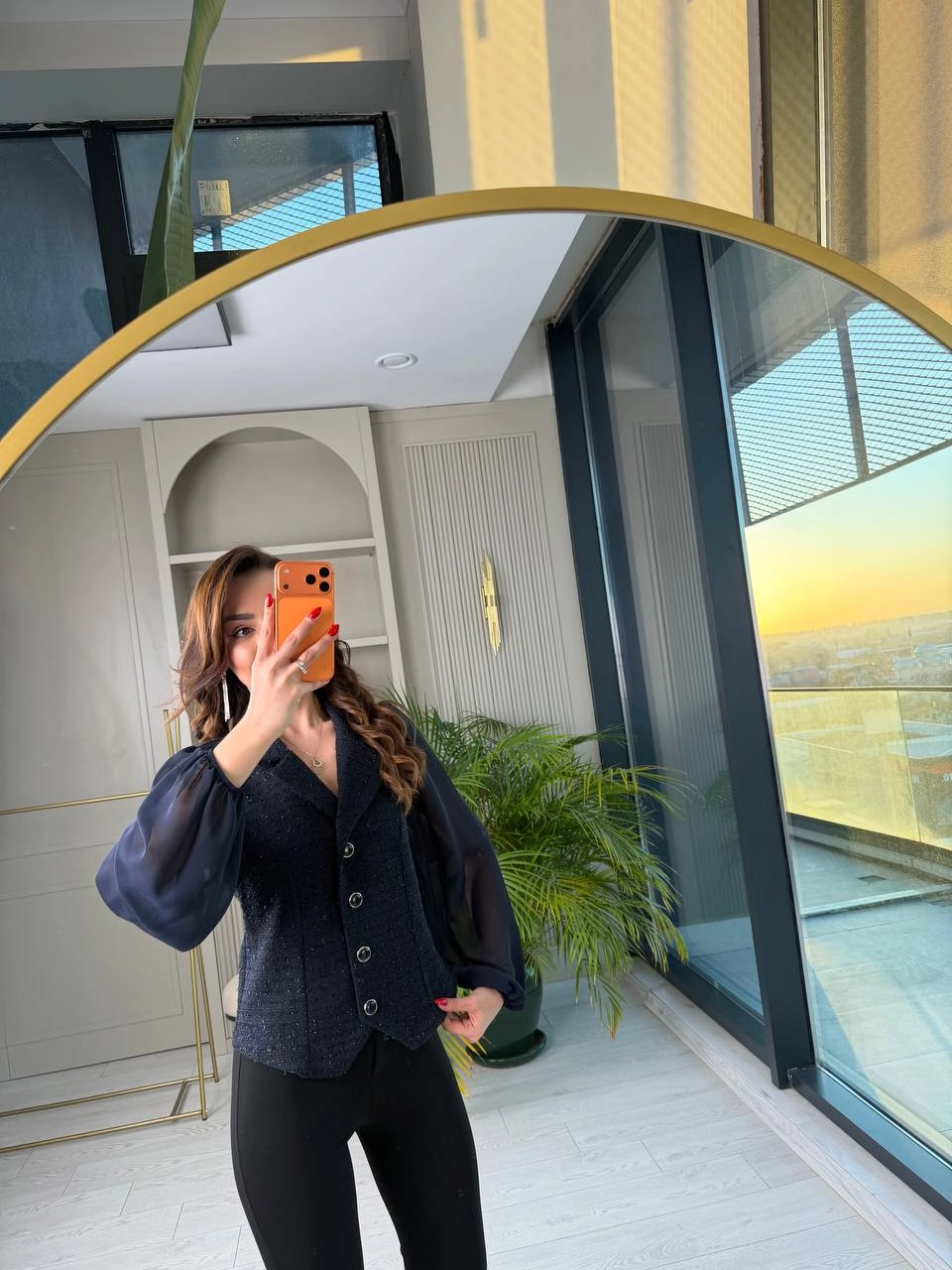 Lacivert%20Lüks%20Tuvid%20kumaş%20Kolları%20Şifon%20Düğmeli%20Gömlek%20Bluz