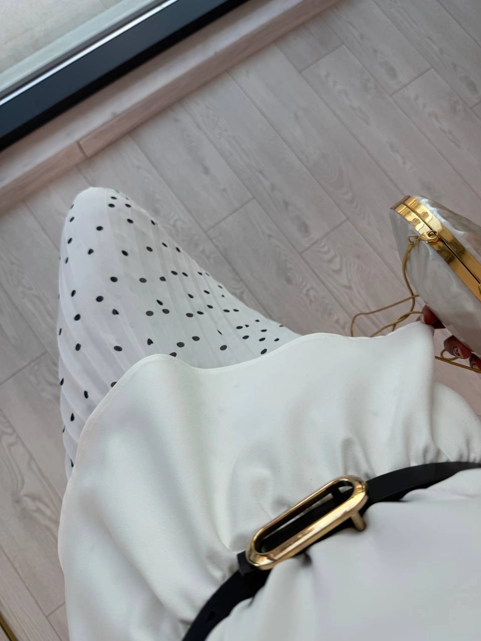 Full%20Ekru%20Puantiyeli%20Eteği%20Şifon%20Kemerli%20Elbise