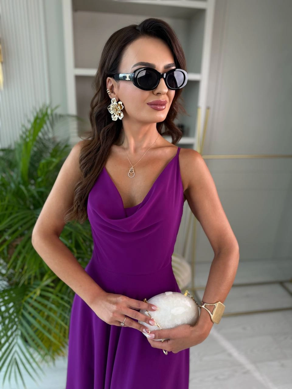Mor%20Degaje%20Yaka%20Astarlı%20Şifon%20Elbise
