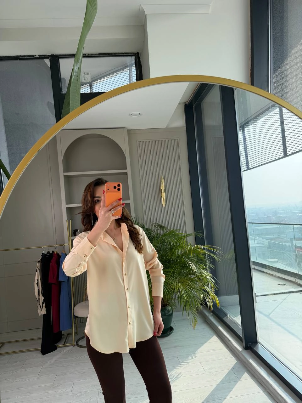 Bej%20Somon%20Gold%20Düğmeli%20Zra%20Marka%20Saten%20Gömlek