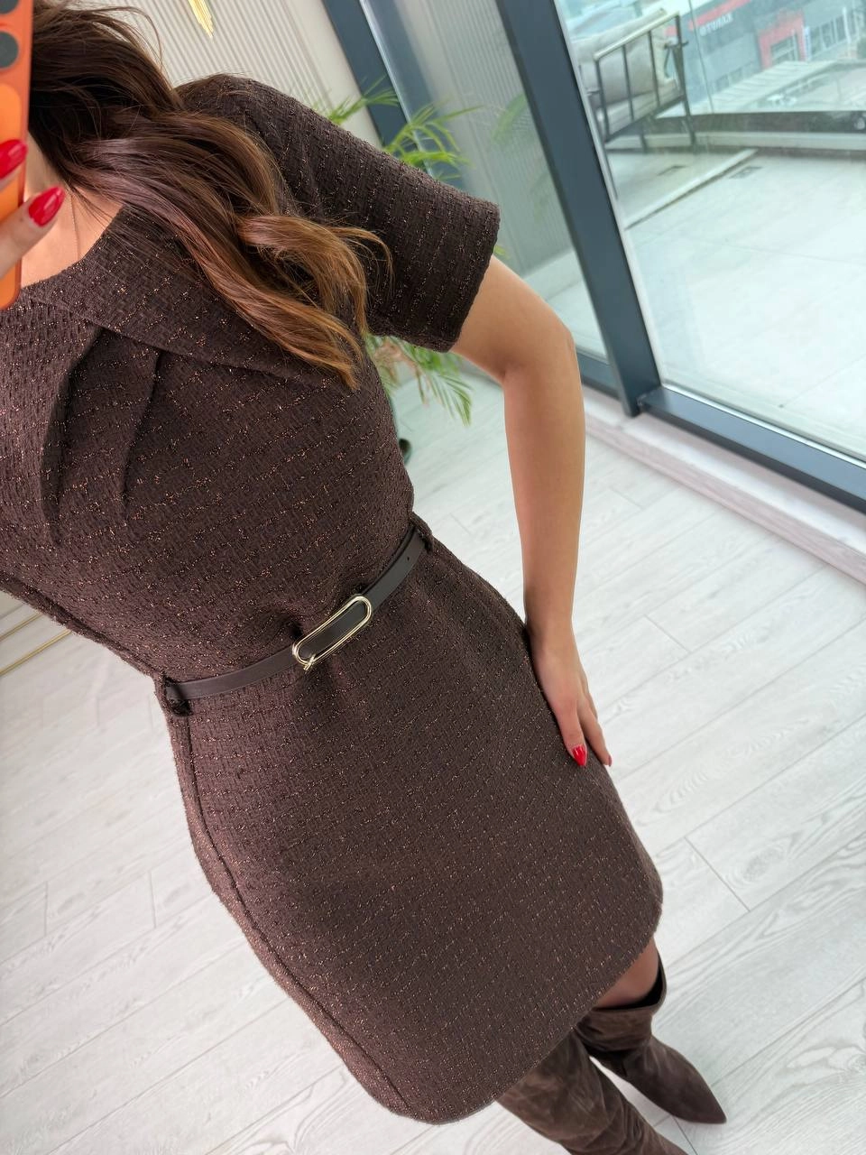 Kahverengi%20Kemerli%20Lüks%20Kalite%20Tuvid%20Elbise