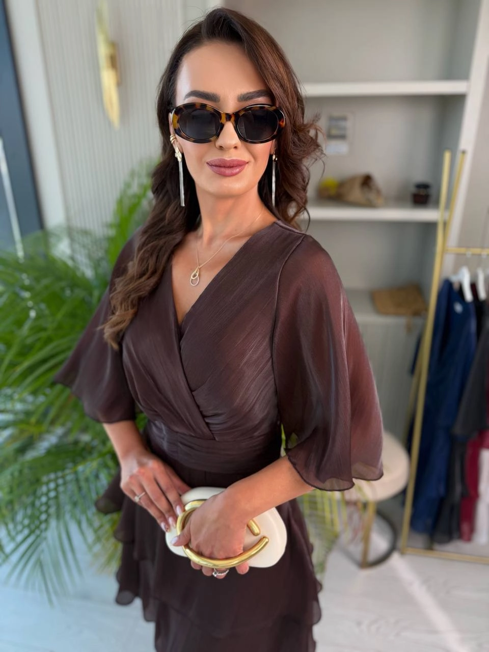 Kahverengi%20Lüks%20Kristal%20Organze%20Kumaş%20Astarlı%20Elbise