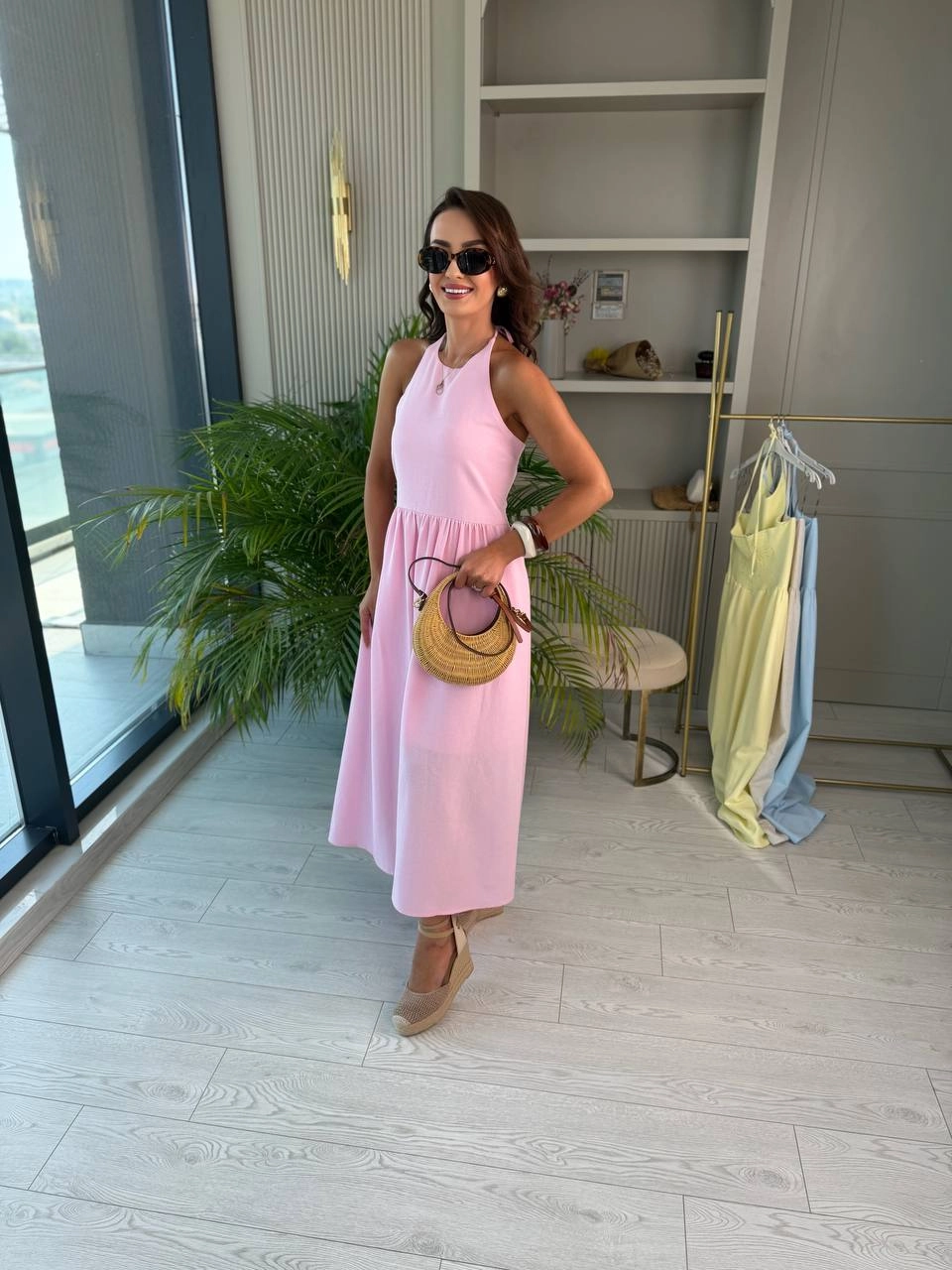 Pembe%20Boyundan%20Bağlamalı%20Astarlı%20Tok%20Keten%20Elbise
