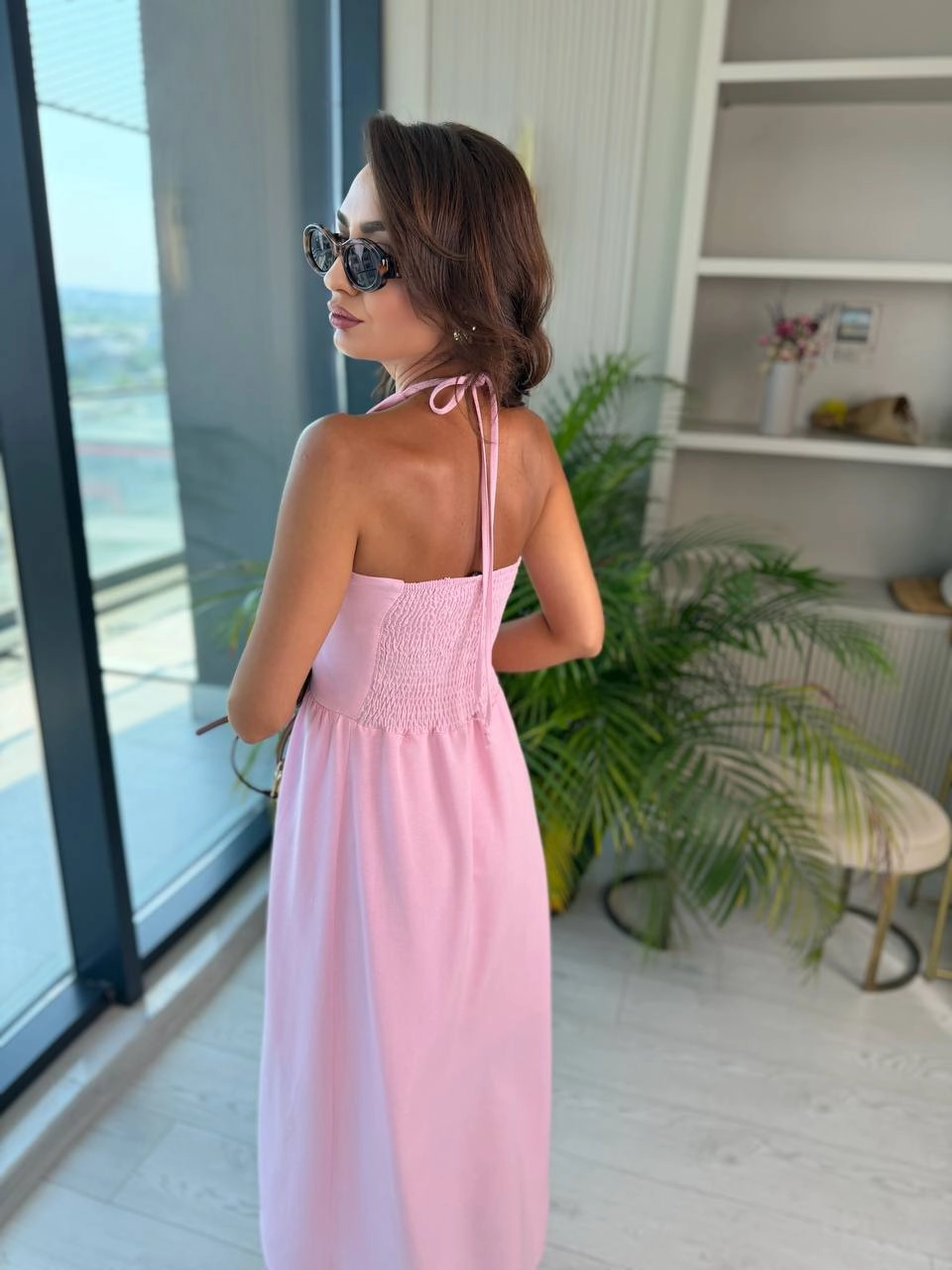 Pembe%20Boyundan%20Bağlamalı%20Astarlı%20Tok%20Keten%20Elbise
