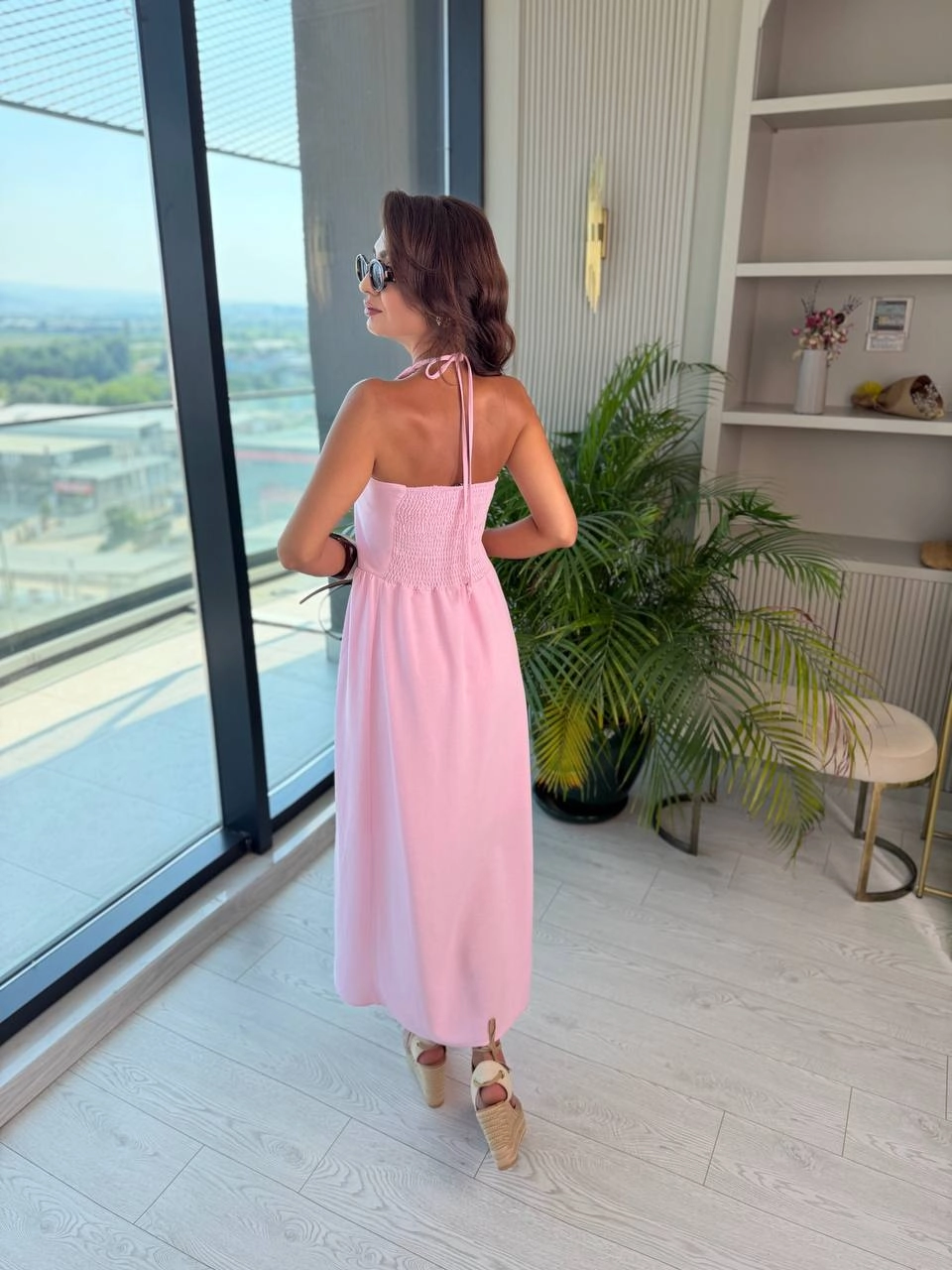 Pembe%20Boyundan%20Bağlamalı%20Astarlı%20Tok%20Keten%20Elbise