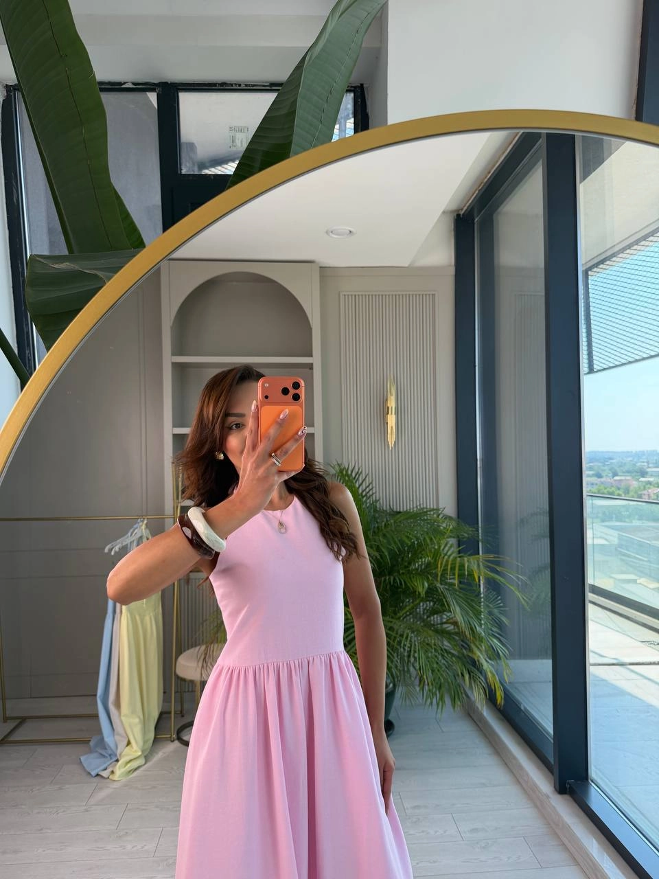 Pembe%20Boyundan%20Bağlamalı%20Astarlı%20Tok%20Keten%20Elbise