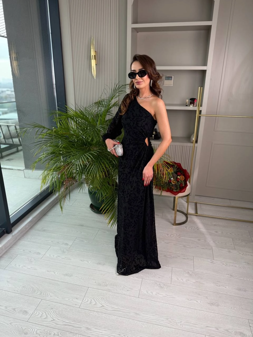 Tasarım%20Tek%20Kol%20Bel%20Detaylı%20Astarlı%20Flok%20Baskı%20Elbise