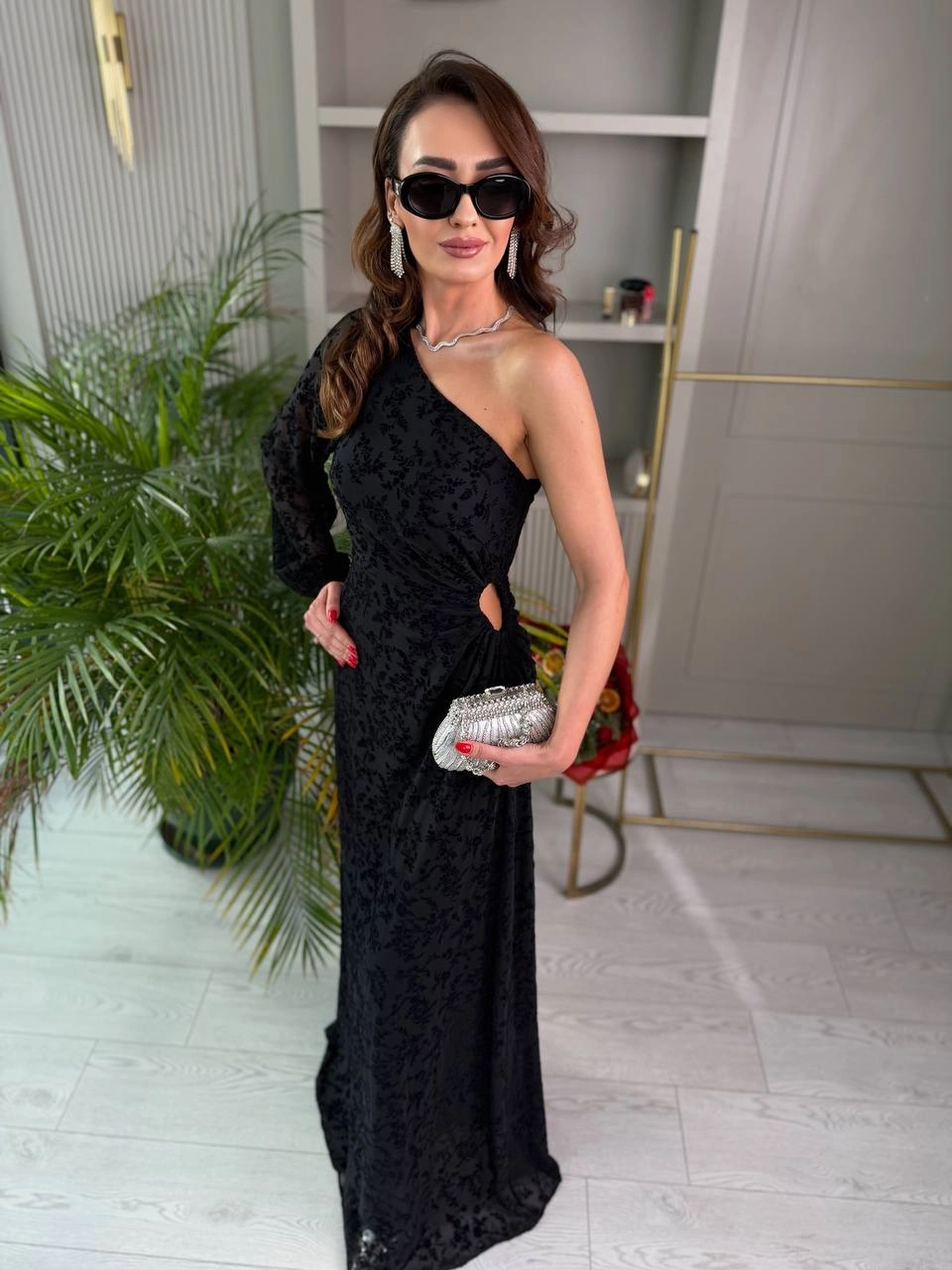 Tasarım%20Tek%20Kol%20Bel%20Detaylı%20Astarlı%20Flok%20Baskı%20Elbise