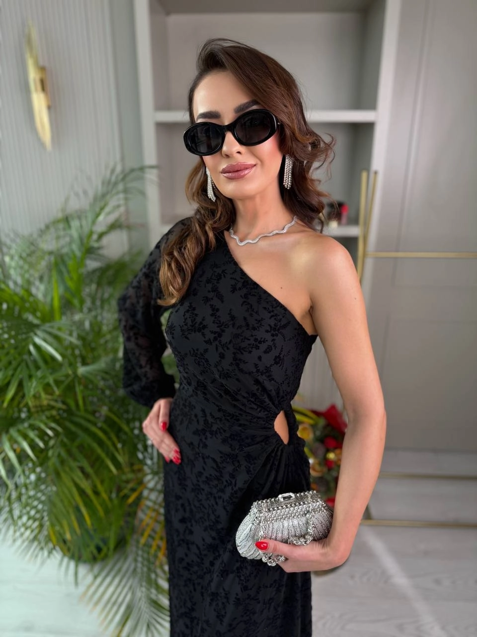 Tasarım%20Tek%20Kol%20Bel%20Detaylı%20Astarlı%20Flok%20Baskı%20Elbise