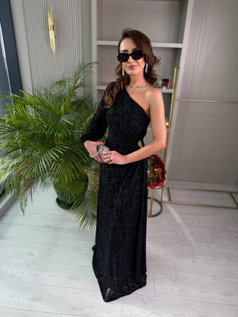 Tasarım%20Tek%20Kol%20Bel%20Detaylı%20Astarlı%20Flok%20Baskı%20Elbise