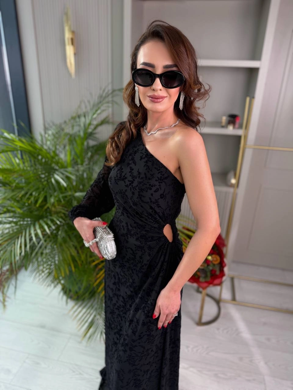 Tasarım%20Tek%20Kol%20Bel%20Detaylı%20Astarlı%20Flok%20Baskı%20Elbise