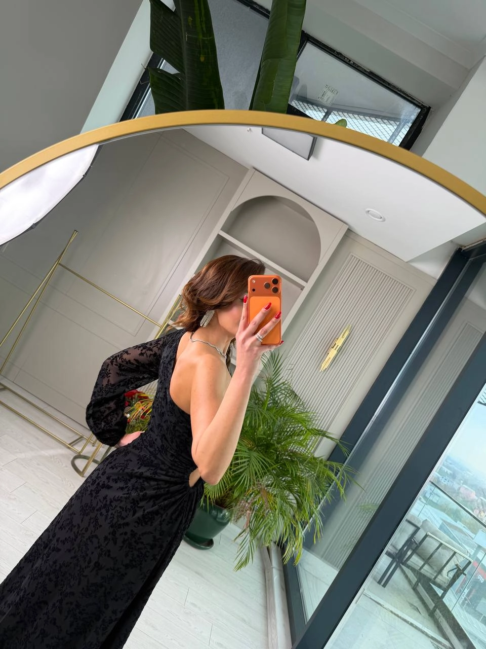 Tasarım%20Tek%20Kol%20Bel%20Detaylı%20Astarlı%20Flok%20Baskı%20Elbise