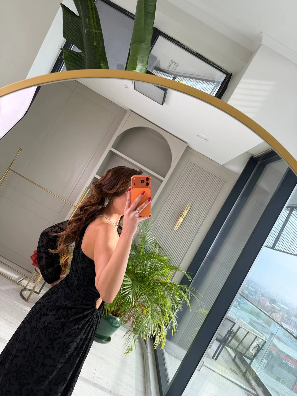 Tasarım%20Tek%20Kol%20Bel%20Detaylı%20Astarlı%20Flok%20Baskı%20Elbise