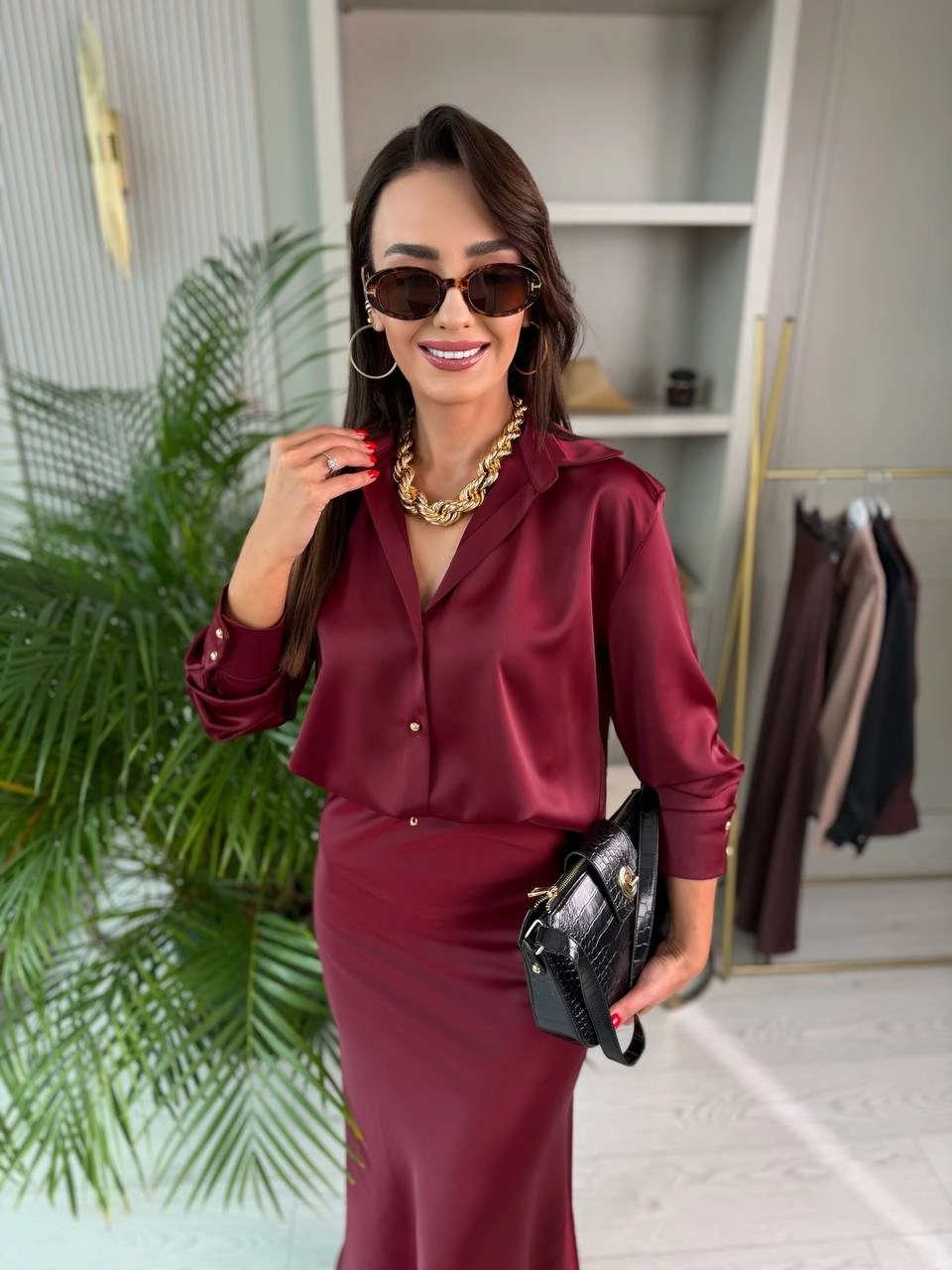 Bordo%20Gold%20Düğmeli%20Zara%20Tok%20Saten%20Gömlek