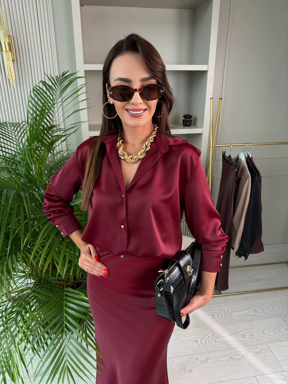 Bordo%20Gold%20Düğmeli%20Zara%20Tok%20Saten%20Gömlek
