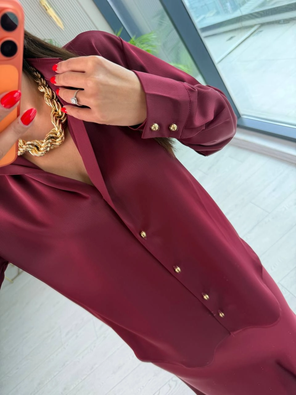 Bordo%20Gold%20Düğmeli%20Zara%20Tok%20Saten%20Gömlek