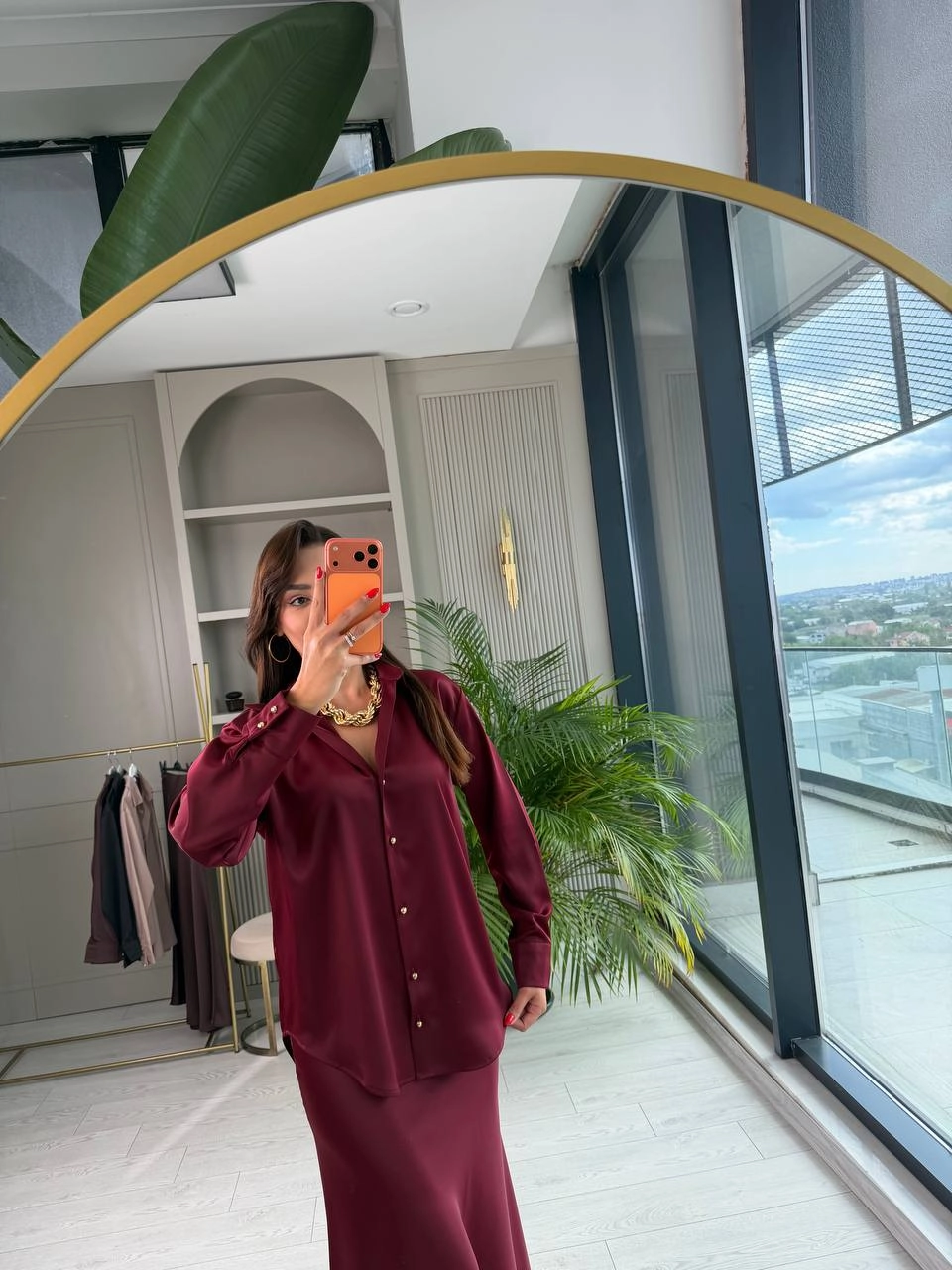 Bordo%20Gold%20Düğmeli%20Zara%20Tok%20Saten%20Gömlek