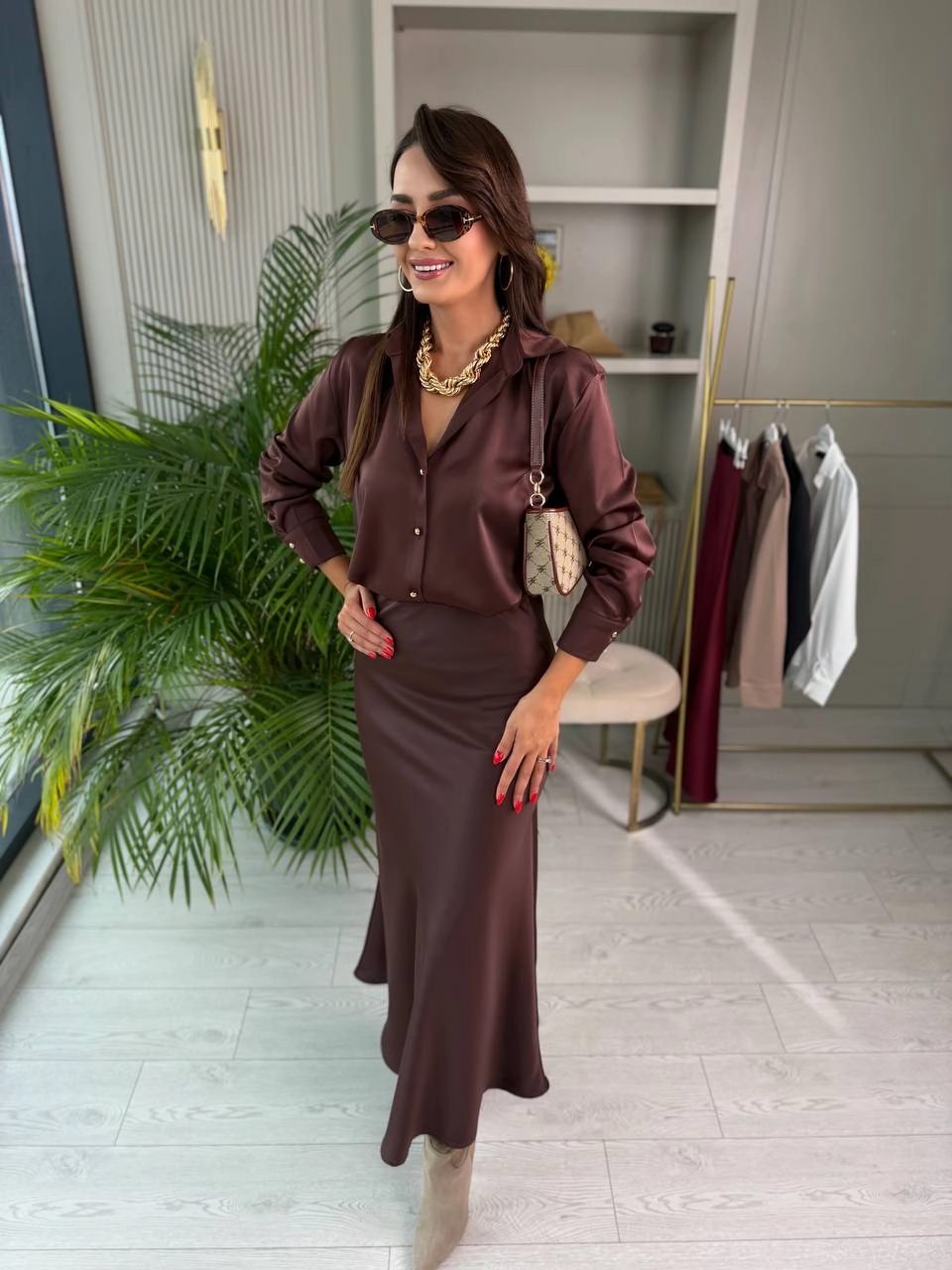 Kahverengi%20Zara%20Tok%20Saten%20Beli%20Lastikli%20Etek
