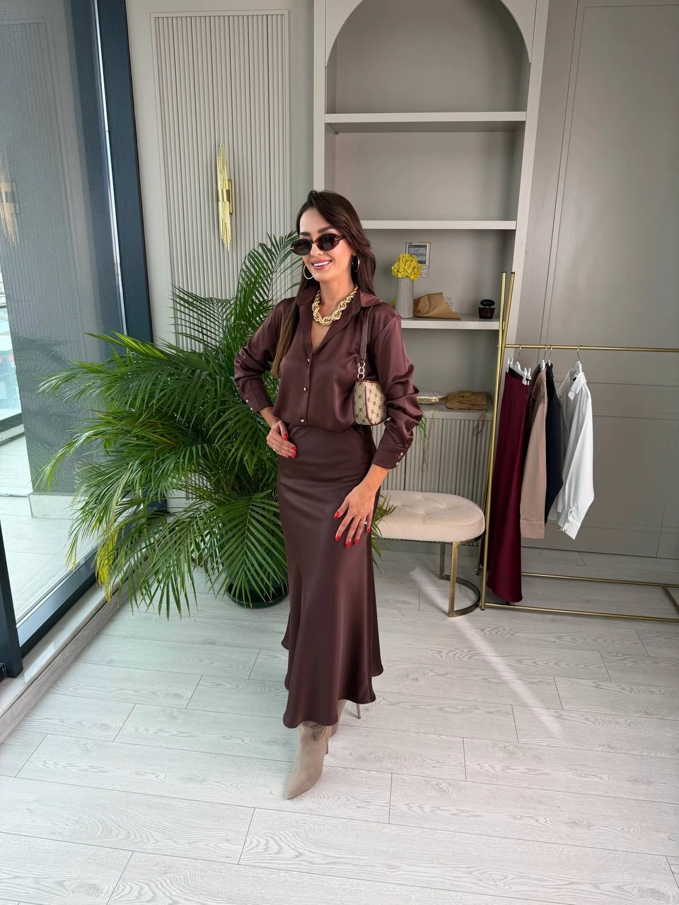 Kahverengi%20Zara%20Tok%20Saten%20Beli%20Lastikli%20Etek