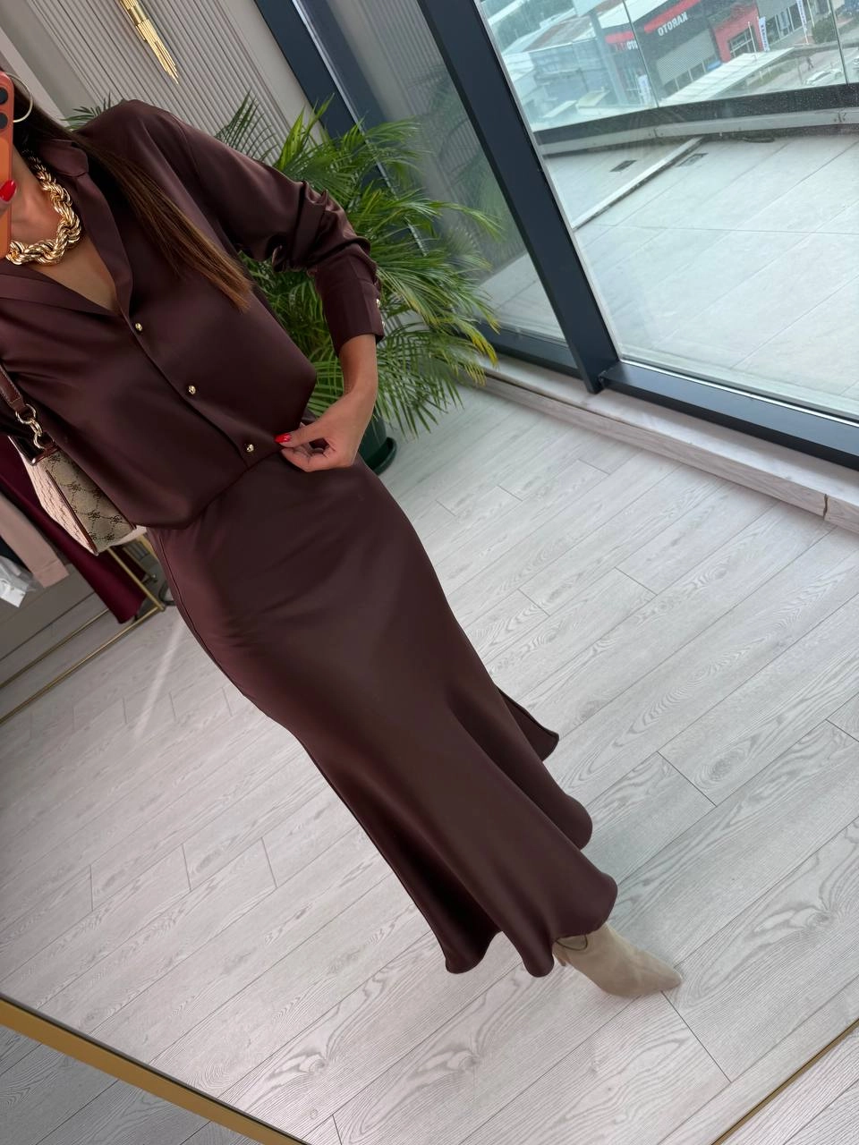 Kahverengi%20Zara%20Tok%20Saten%20Beli%20Lastikli%20Etek