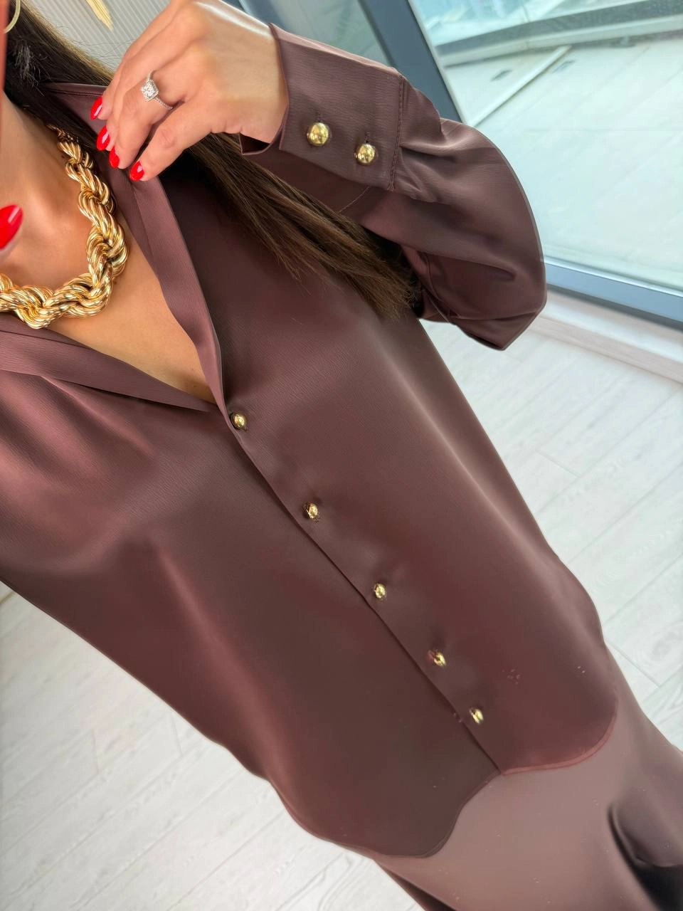 Kahverengi%20Gold%20Düğmeli%20Zara%20Tok%20Saten%20Gömlek