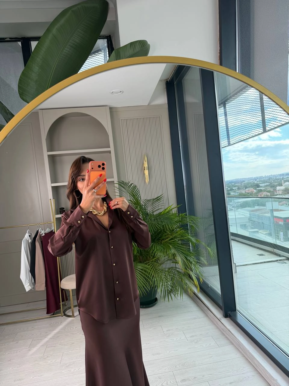 Kahverengi%20Gold%20Düğmeli%20Zara%20Tok%20Saten%20Gömlek