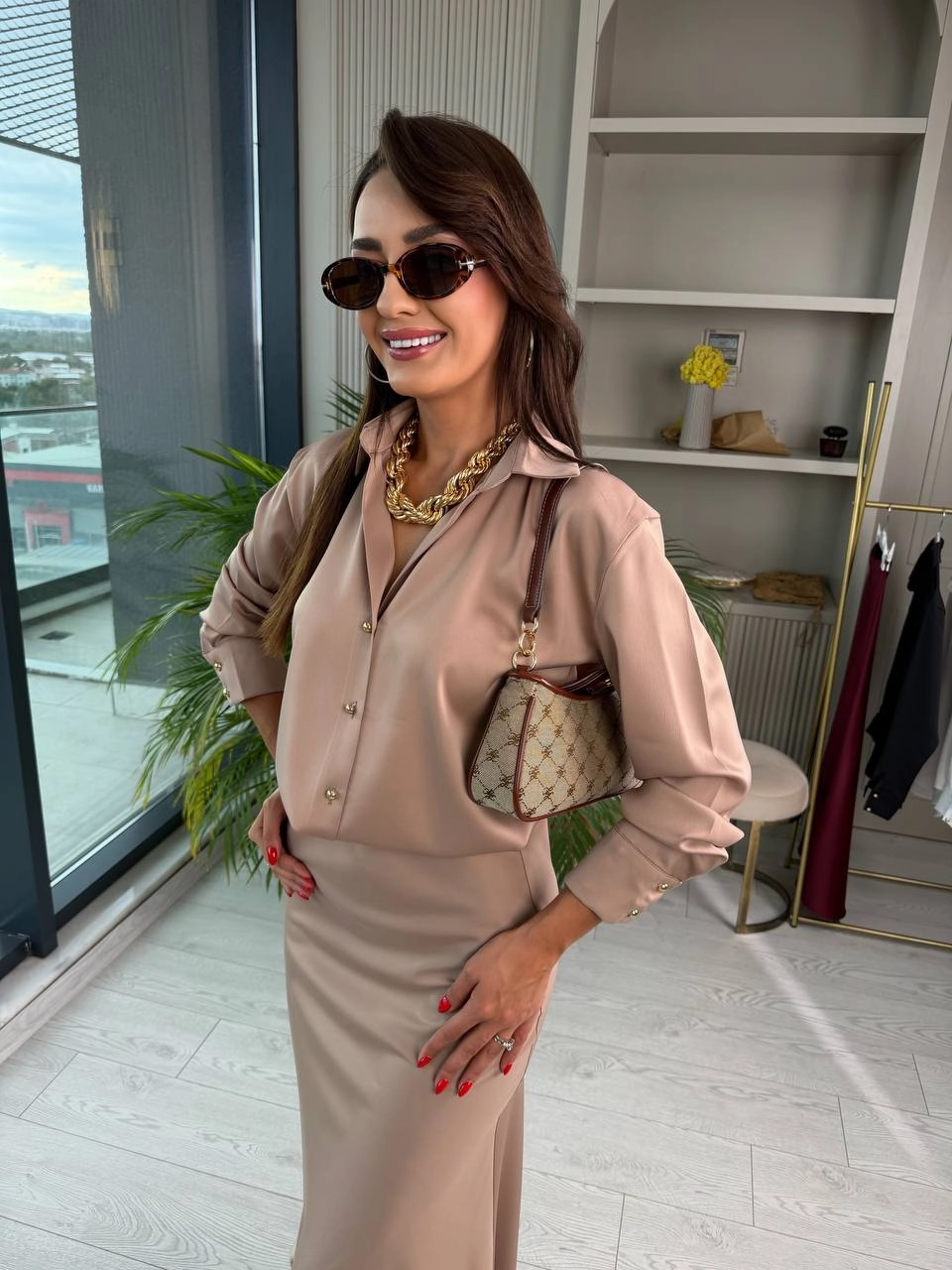 Vizon%20Gold%20Düğmeli%20Zara%20Tok%20Saten%20Gömlek