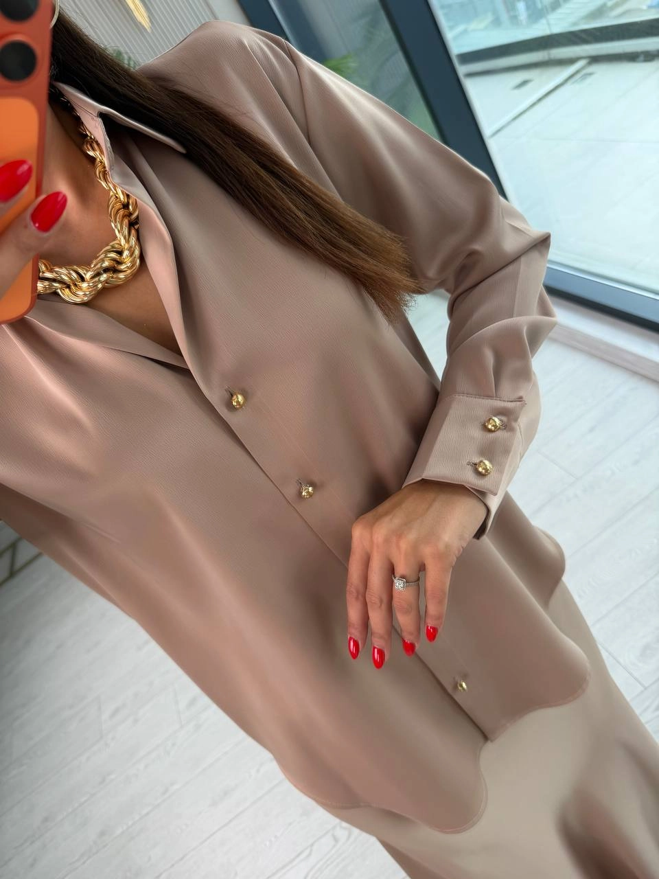 Vizon%20Gold%20Düğmeli%20Zara%20Tok%20Saten%20Gömlek