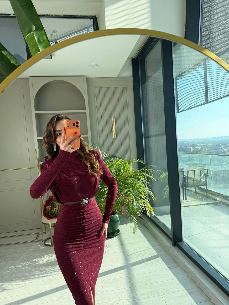 Bordo%20Kemerli%20Drape%20Detay%20Astarlı%20Parıltılı%20Elbise