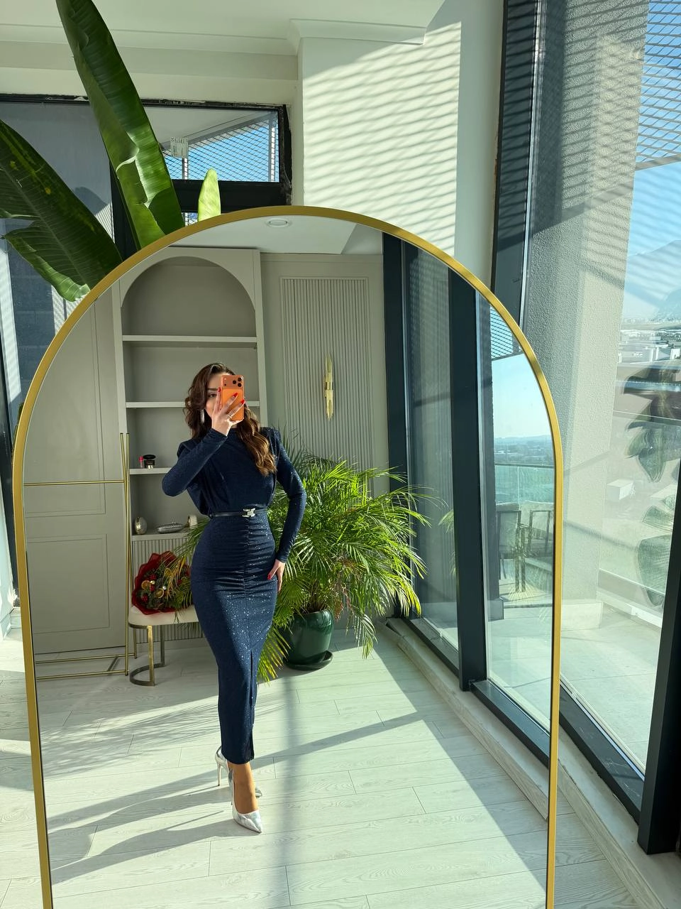 Lacivert%20Kemerli%20Drape%20Detay%20Astarlı%20Parıltılı%20Elbise