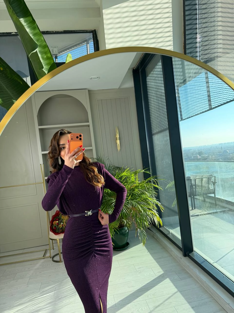 Mürdüm%20Kemerli%20Drape%20Detay%20Astarlı%20Parıltılı%20Elbise