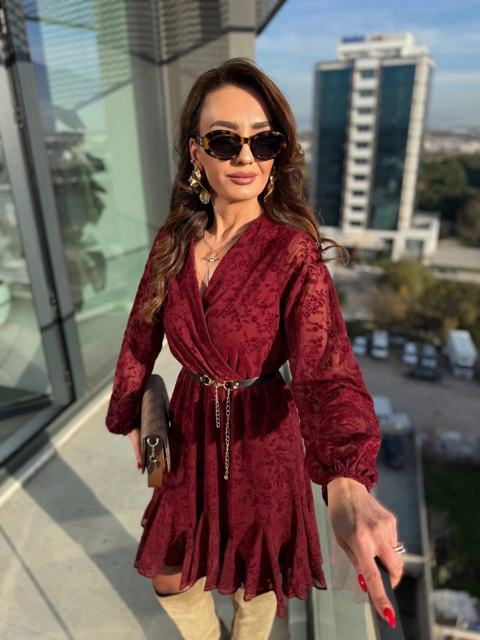 Bordo%20Kemeri%20Flok%20Baskılı%20Lüks%20Kalite%20Astarlı%20Şifon%20Elbise