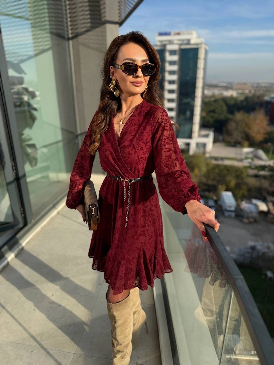 Bordo%20Kemeri%20Flok%20Baskılı%20Lüks%20Kalite%20Astarlı%20Şifon%20Elbise