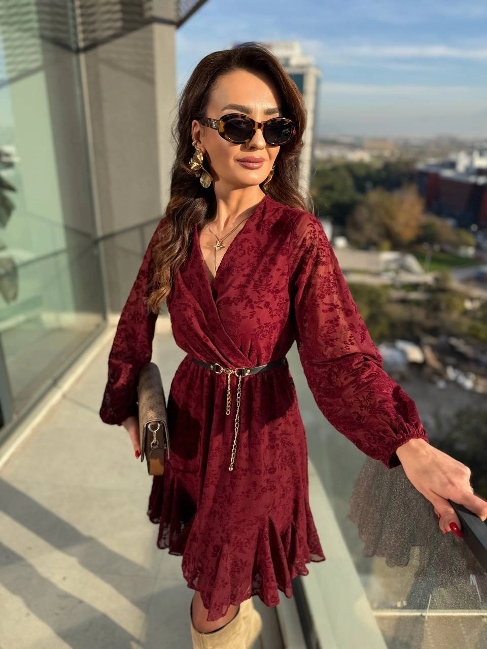 Bordo%20Kemeri%20Flok%20Baskılı%20Lüks%20Kalite%20Astarlı%20Şifon%20Elbise